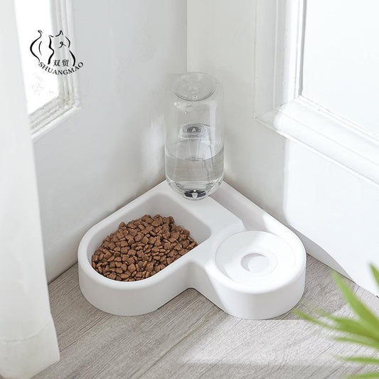 Pet Cat Feeder Bowl Dog Automatic Water Double Bowls Food Wall Corner Save Space Cats 500ml Bottle Drinking Kitten Dogs Products - Pampered Pets