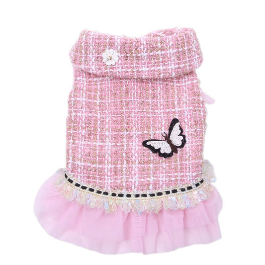 Princess Dog Cat Winter Dress Coat Plaid&Butterfly Design Pet Puppy Hoodie Warm Clothing Apperal - Pampered Pets