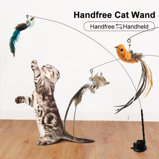 Handfree Bird/Feather Cat Wand with Bell Powerful Suction Cup Interactive Toys for Cats Kitten Hunting Exercise Pet Products - Pampered Pets